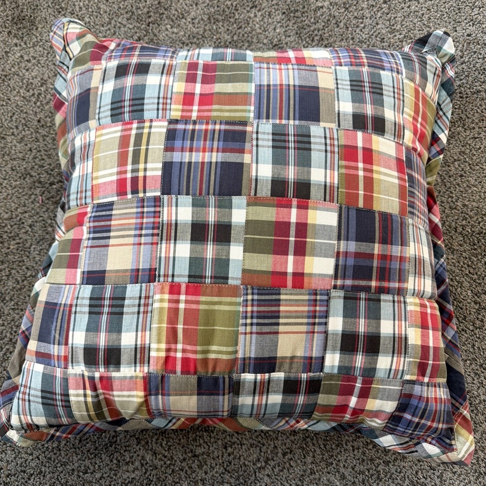 LL Bean Plaid Patchwork 17" Square Throw Pillow NWOT Removable Liner